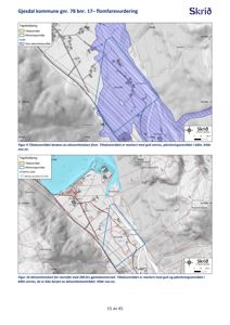 Situasjonsplaner som viser et flomfornæringsområde (blått) og et tiltaksområde (gult) i et landskap med høydeforhold.