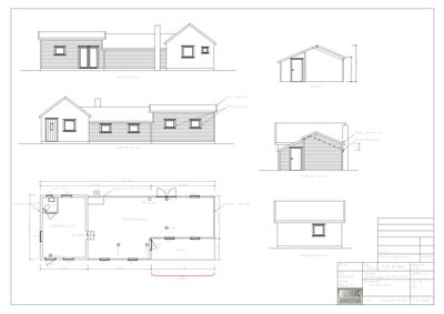 Bildet viser fasadetegninger av en bygning sett fra flere vinkler (for- og sideveier), inkludert mål og detaljer.