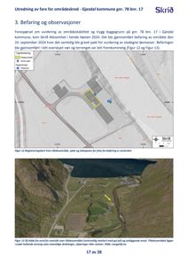 Et registreringskart som viser et tiltaksområde og lokasjoner for foto fra en befaring, inkludert topografi og bygningsplassering.