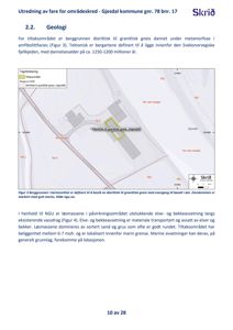 Et kart som viser berggrunnsforhold (geologi) for et område, inkludert en tegnet bygning og områder med vannløp.