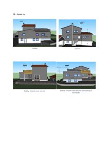 Fasadevisuellisering av en bolig sett fra fire sider (Nord, Øst, Sør, Vest).