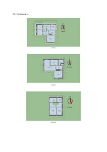 Bildet viser tre etasjeplaner (kjeller, 1. etasje og 2. etasje) med romfordeling, mål og orientering.