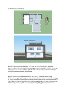 Bildet viser en plantegning (E5) av et tilbygg til en bolig, inkludert romfordeling og mål.