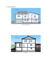 Snittegning av en toetasjes bygning med mål og orientering (nord/øst).