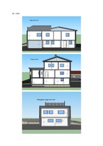 Bildet viser tre fasadetegninger av en bygning sett fra ulike sider (nord, øst og vest) med høydeangivelser.