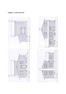 Bildet viser fire fasadetegninger av en eksisterende bygning, vist fra de fire hovedsidene (Nord, Sør, Øst, Vest).