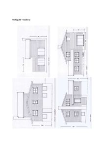 Bildet viser fire fasadetegninger av en bygning sett fra de fire hovedsidene (Nord, Sør, Øst, Vest) med mål og orientering.