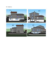 Fasadetegninger som viser bygningens utseende fra fire sider (Nord, Øst, Sør, Vest) med mål og orientering.