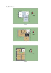 Bildet viser tre etasjeplaner (kjeller, 1. etasje og 2. etasje) med romfordeling, mål og orientering.