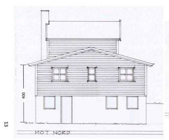 Fasadetegning av en toetasjes bygning sett fra nord.