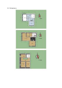 Bildet viser tre etasjeplaner (kjeller, 1. etasje og 2. etasje) med romfordeling, mål og areal.