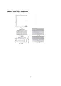 Bildet viser en tegning med både et etasjeplan (PLAN) og fire fasadetegninger (Mot Nord, Sør, Øst, Vest) for en garasje.