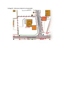 Situasjonsplan som viser eiendomsinndeling, bygninger, veier og siktlinjer for en avkjørsel.