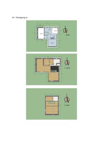 Bildet viser tre etasjeplaner (kjeller, 1. etasje og 2. etasje) med romfordeling, mål og retning.