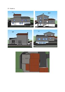 Bildet viser en samling fasadetegninger (NORD, ØST, SØR, VEST) og en takplan for en bygning.