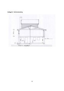 Snittegning av en bygning med mål og orientering mot nord