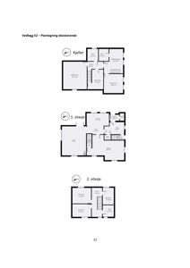 Bildet viser tre etasjeplaner (kjeller, 1. etasje og 2. etasje) med romfordeling og arealoppsett.