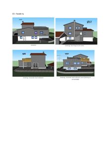 Fasadetegning som viser bygningens utseende fra fire sider (Nord, Øst, Sør, Vest) med angitte endringer.