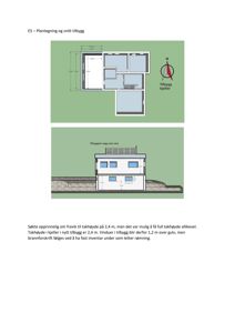 Bildet viser en plantegning av et tilbygg (kjeller) med romfordeling og mål, samt en fasadetegning av tilbygget sett fra vest.