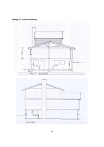 Bildet viser to snittegninger av en bygning med mål og orientering (MOT NORD, MOT ØST).