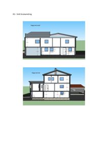 3D-visualisering av en bygning sett fra to vinkler (nord og øst) med mål og fasadeelementer.