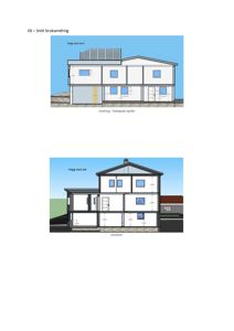 Snittegning av en toetasjes bygning med mål og orientering (Vegg mot nord/øst).