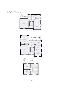 Bildet viser tre etasjeplaner (kjeller, 1. etasje og 2. etasje) med romfordeling og arealoppsett.