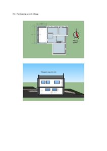 Bildet viser en plantegning av et tilbygg (kjeller) med romfordeling og mål, samt en fasadetekning av tilbygget.