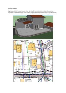 Bildet viser en 3D-visualisering av en terrasse og en situasjonsplan for en byggesak.