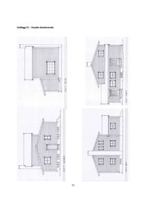 Bildet viser fire fasadetegninger av en eksisterende bygning, vist fra de fire hovedsidene (Nord, Sør, Øst, Vest).
