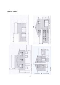 Fasade tegning som viser bygningens utseende fra fire sider (Nord, Sør, Øst, Vest) med mål og orientering.