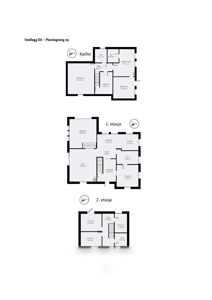 Bildet viser etasjeplaner for kjeller, 1. etasje og 2. etasje med romnavn og areal.