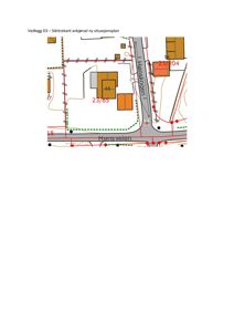 Situasjonsplan som viser eiendomsinndeling, bygninger, veier og siktlinjer for en avkjørsel.