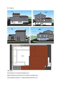 Bildet viser en samling fasadetegninger (NORD, ØST, SØR, VEST) for en bygning, samt en takterrasseplan.