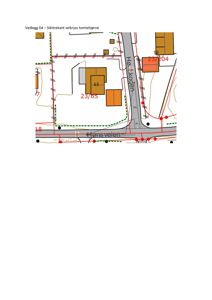 Siktrettrekant ved et veikryss som viser tomtegrenser, bygninger og veier.