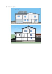 Snittegning av en bygning med mål og orientering (nord/øst)