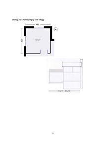 Bildet viser en plantegning av et tilbygg med et lekerom, samt en snittegning. Tittelen bekrefter at det er en plantegning.