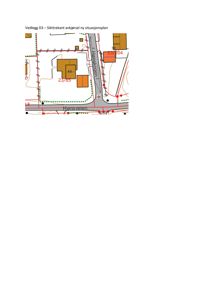 Situasjonsplan som viser tomt, bygninger, veier og siktlinjer for en avkjørsel.