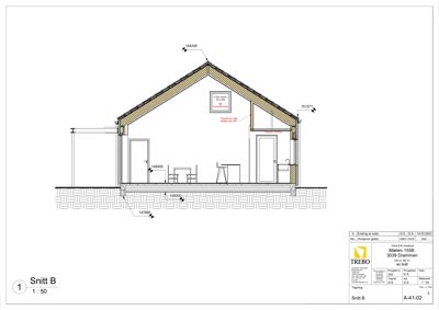 Snittegning (Snitt B) som viser tverrsnittet av en bygning med mål, romfordeling og konstruksjonsdetaljer.