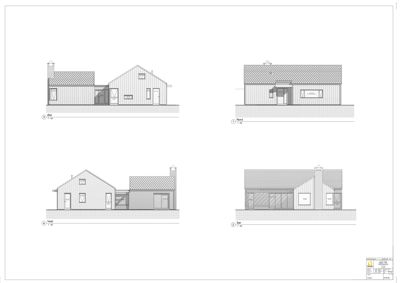 Bildet viser fire fasadetegninger av en bygning, merket med retningene Sør, Vest, Nord og Øst.