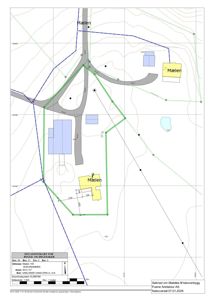 Situasjonskart som viser tomtens plassering i forhold til nabolag, veier og topografi.