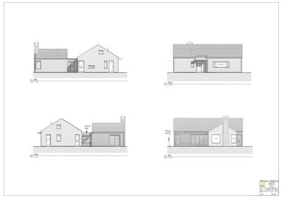 Fasadetegning som viser bygningens utseende fra fire ulike sider (Øst, Vest, Nord og Sør).