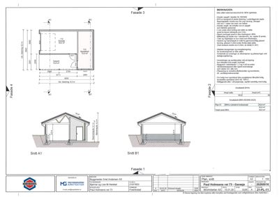 Tegning som viser fasader (Fasade 1, 2 og 3), snitt (Snitt A1 og B1) og etasjeplan for en garasje.