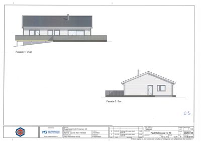 Fasadetegning som viser bygningens utseende fra vest og sør.