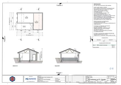 Fasadetegning med oppriss av bygning sett utenfra, inkludert snitt og mål.