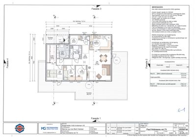 Etasjeplan (Fasade 3) som viser romfordeling, mål og areal for en bolig.