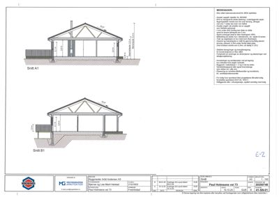 Snittegning (Snitt A1 og B1) som viser tverrsnittet av en bygning med mål, konstruksjonsdetaljer og merknader.