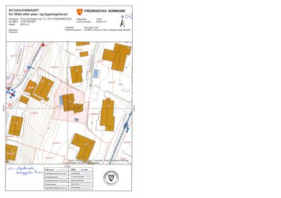 Situasjonskart for tomt i Fredrikstad kommune som viser bygninger, vegger, og topografi.