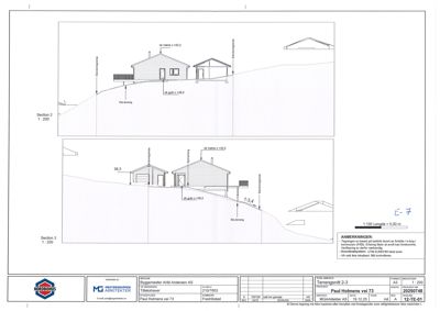 Snittegning (Section 2 og Section 3) som viser bygningens tverrsnitt, høyder, terrengforhold og grunnkonstruksjon.