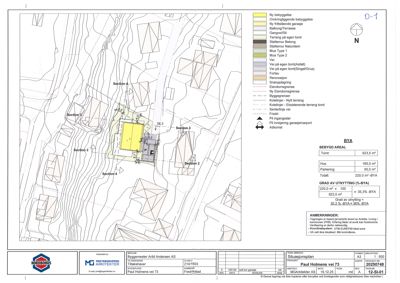 Situasjonsplan som viser tomtens form, bebyggelse (hus, garasje), terrengkonturer og nabogrenser.
